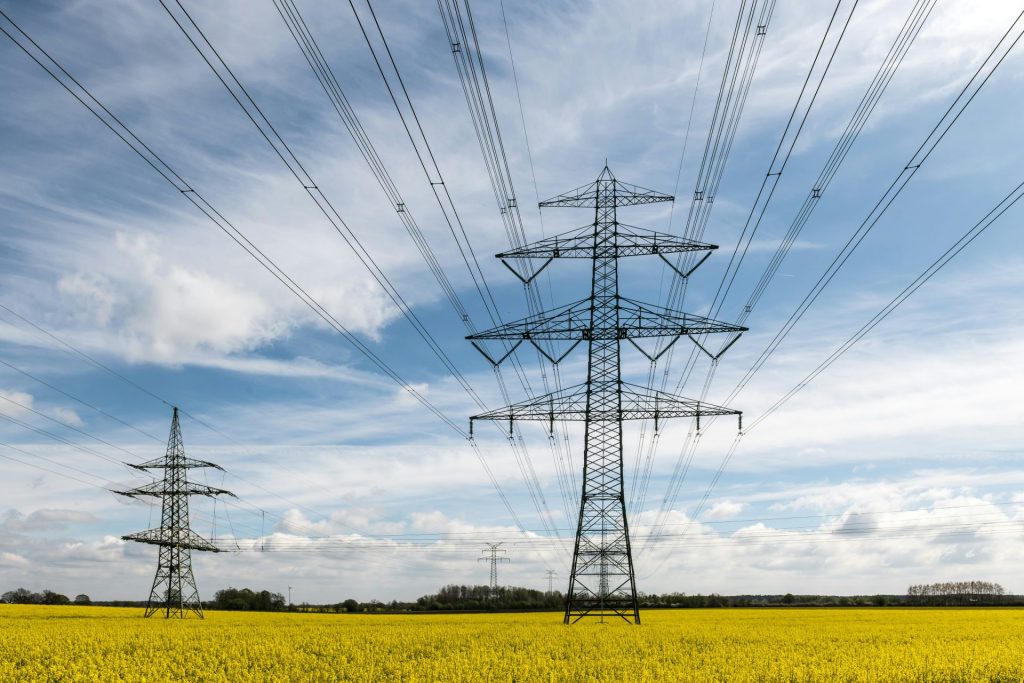 Stromleitungen erstrecken sich über ein gelbes Feld unter blauem Himmel.